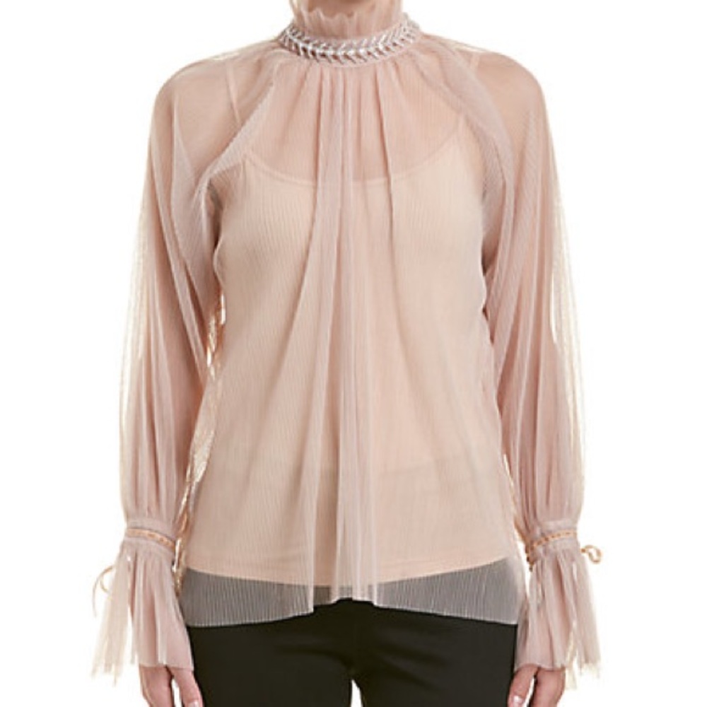 Gracia Sheer Beige Blouse with Pleated Sleeves